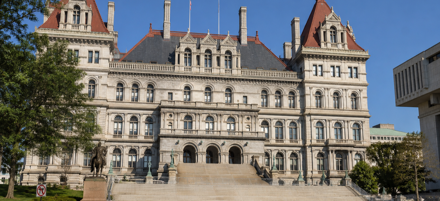 Grand stone government building with a central arched entrance, wide staircases, and statues on either side against a blue sky